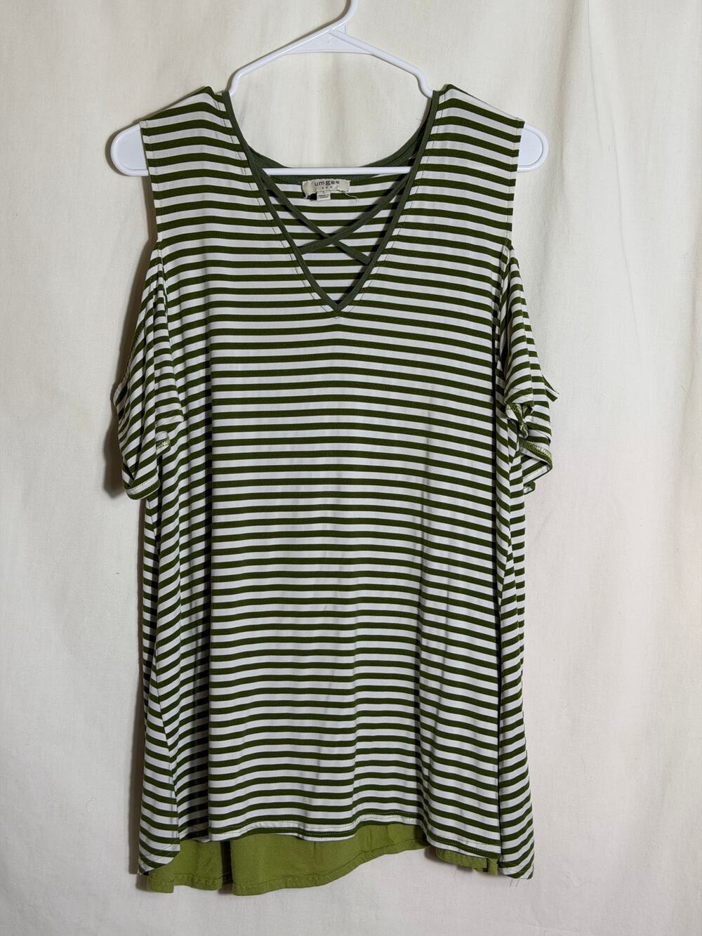Umgee USA Olive Green Striped Cold Shoulder Top Large Criss Cross Neck Soft Boho